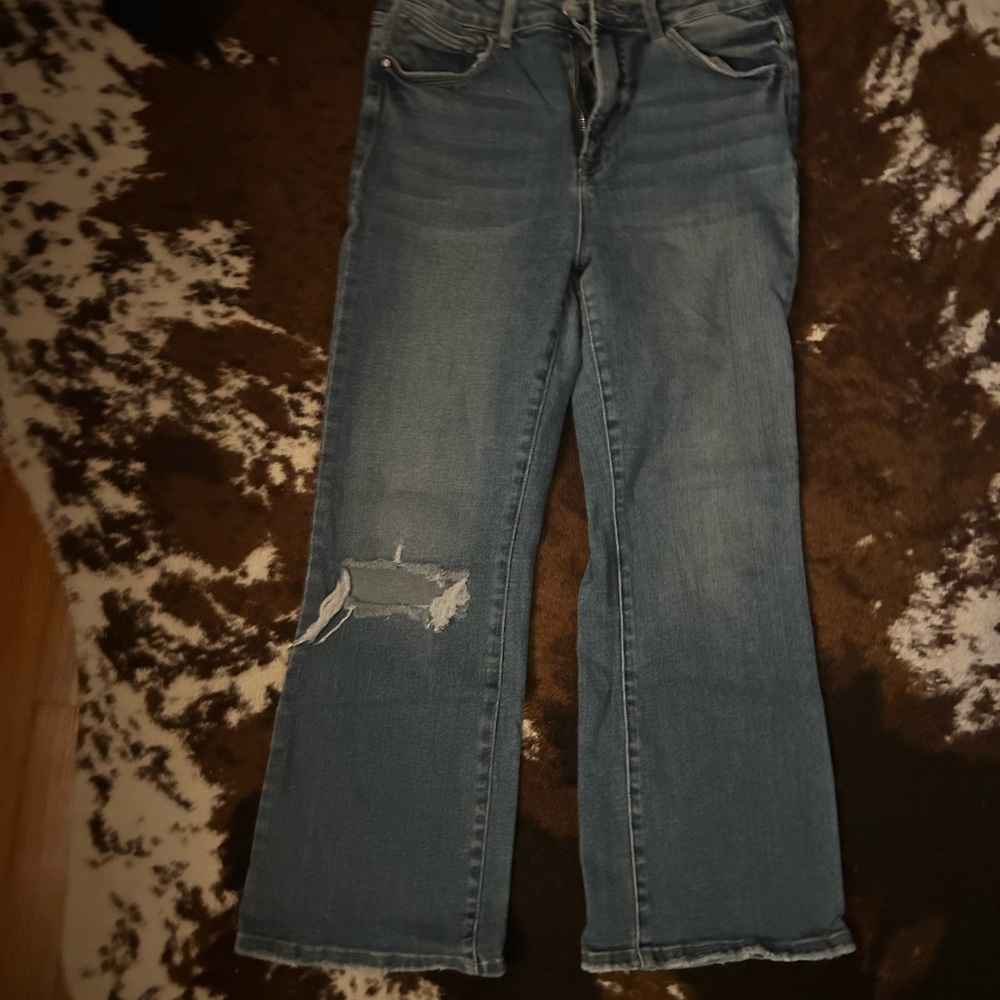 Blue Ankle Cropped Jeans with Distressing